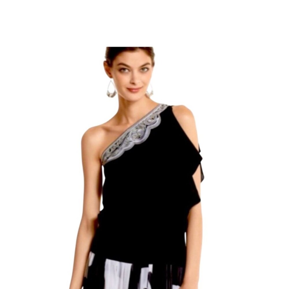 White House Black Market Black and Silver One-Shoulder Blouse